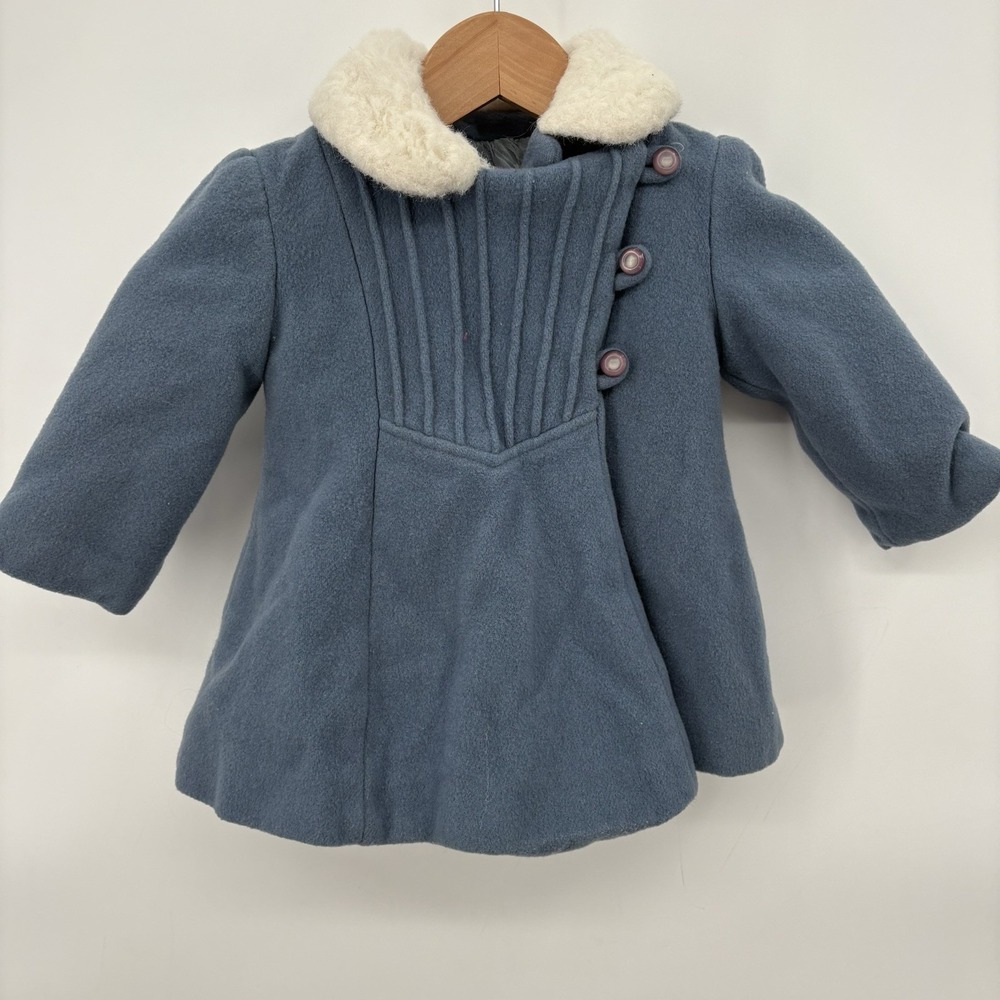 Vtg‎ Rothschild & Co Toddler  Wool Princess Coat Faux Fur Collar Cornflower Blue
